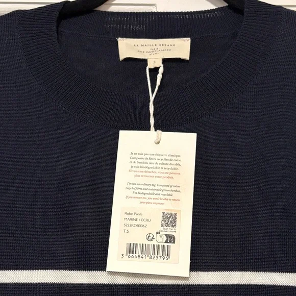 NWT Sezane Paola Navy and White Striped Dress with Button Accents - Picture 4 of 5